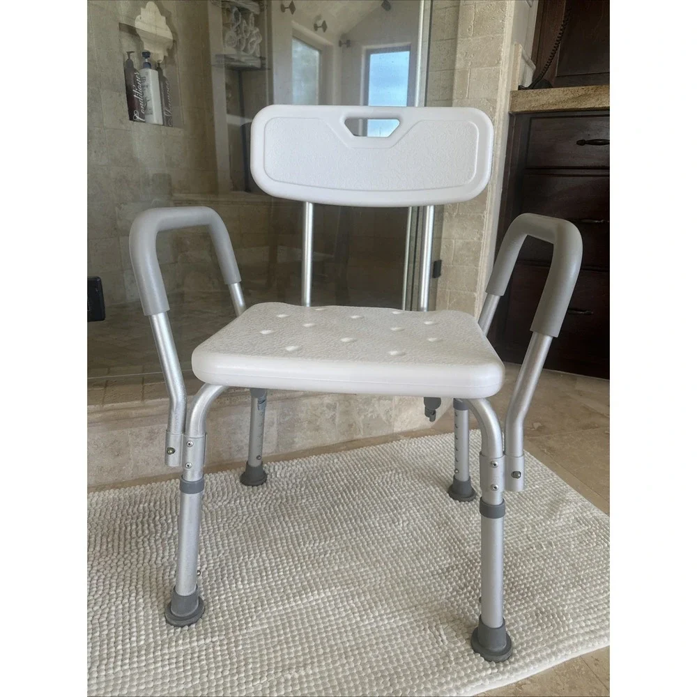 Shower Chair Bathroom Seat With Padded Armrests And Backrest Adjustable Height
